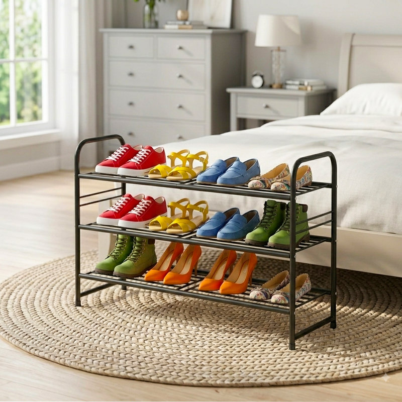 Étagère à chaussures en métal à 3 niveaux de 33 po pour garde-robe empilable et réglable, Noir