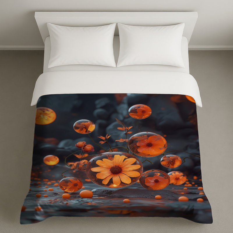 Housses de couette à bulles florales orange, Très grand lit