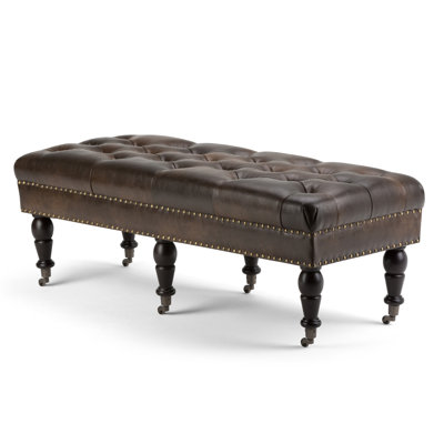 Banc repose-pieds capitonné en cuir reconstitué l 50 po Henley avec garniture cloutée et pieds sculptés