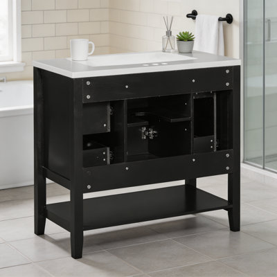 Ensemble de meuble-lavabo noir 36 po avec lavabo Une armoire et trois tiroirs; Bois massif et panneau de fibres à densité moyenne