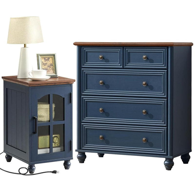 Ensemble de commode et table de chevet 5 tiroirs, mobilier de chambre en bois de ferme avec station de charge et colonne romaine pour la chambre à coucher, le salon et le couloir