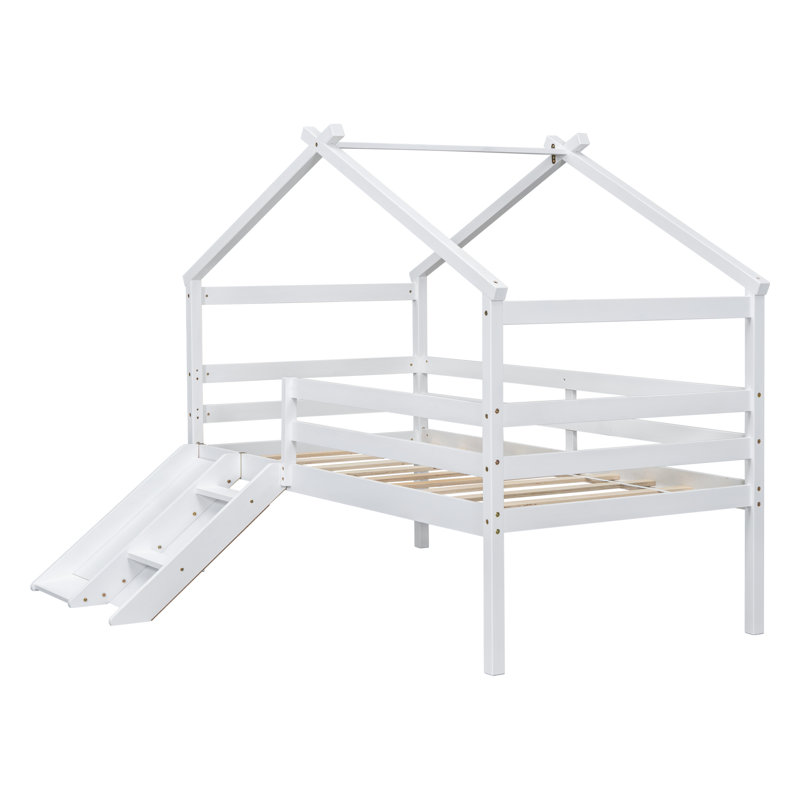 Lit mezzanine simple en bois massif avec glissoire, échelle et structure de toit