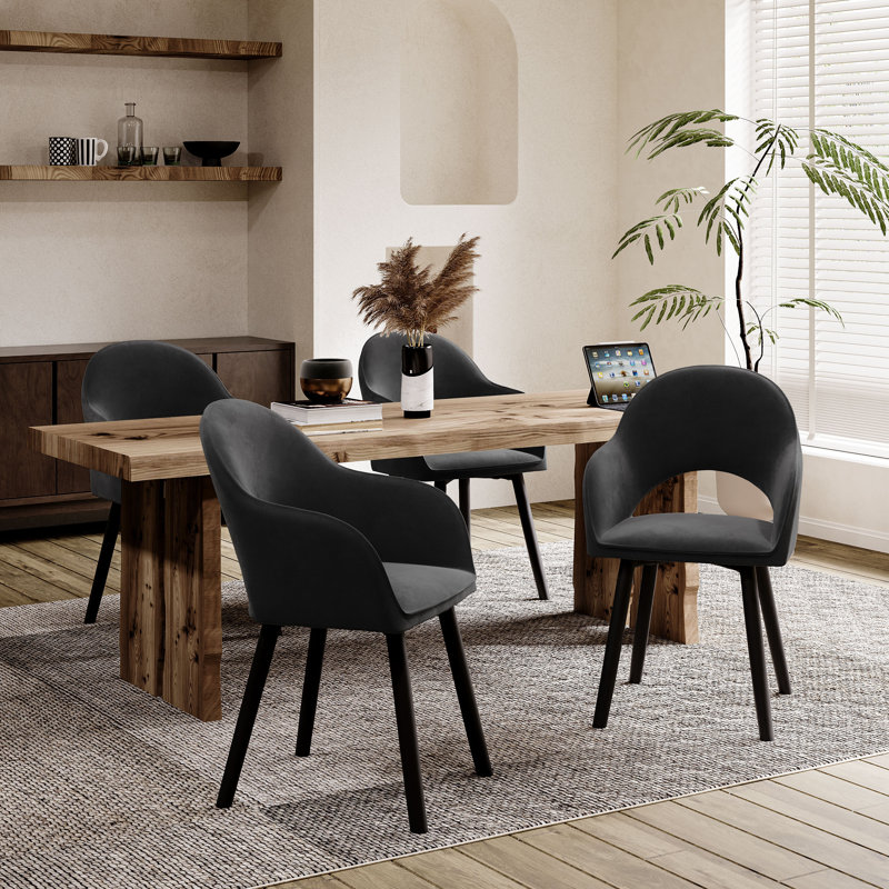 49.5cm H Luxury Fabric Upholstered Dining Chair with Wooden Legs, Black Velvet/Black, 4