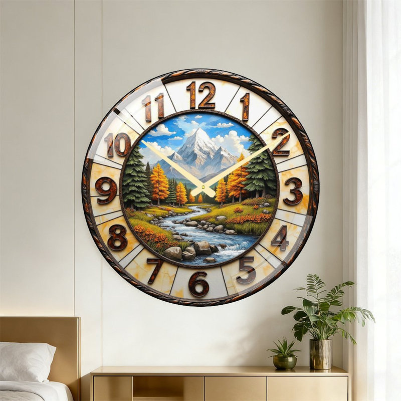 Horloge murale décorative représentant un paysage de rivière et de montagne - Horloge murale moderne en verre de 61 cm (24 po)