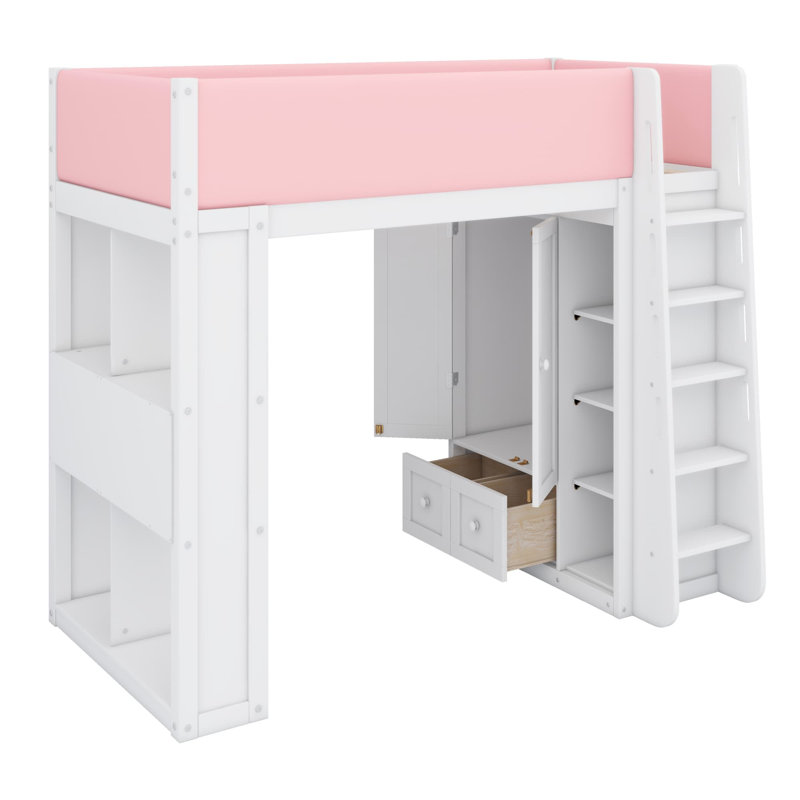 Un lit mezzanine avec armoire intégrée et éclairage d'ambiance structure une chambre moderne et raffinée., Lit simple, Blanc