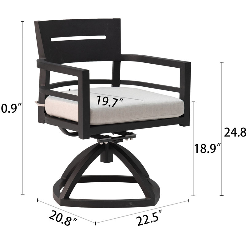 Fauteuil à bascule pivotant extérieur Ember Black (lot de 2). Structure légère en aluminium, dossier ergonomique, coussins en tissu.