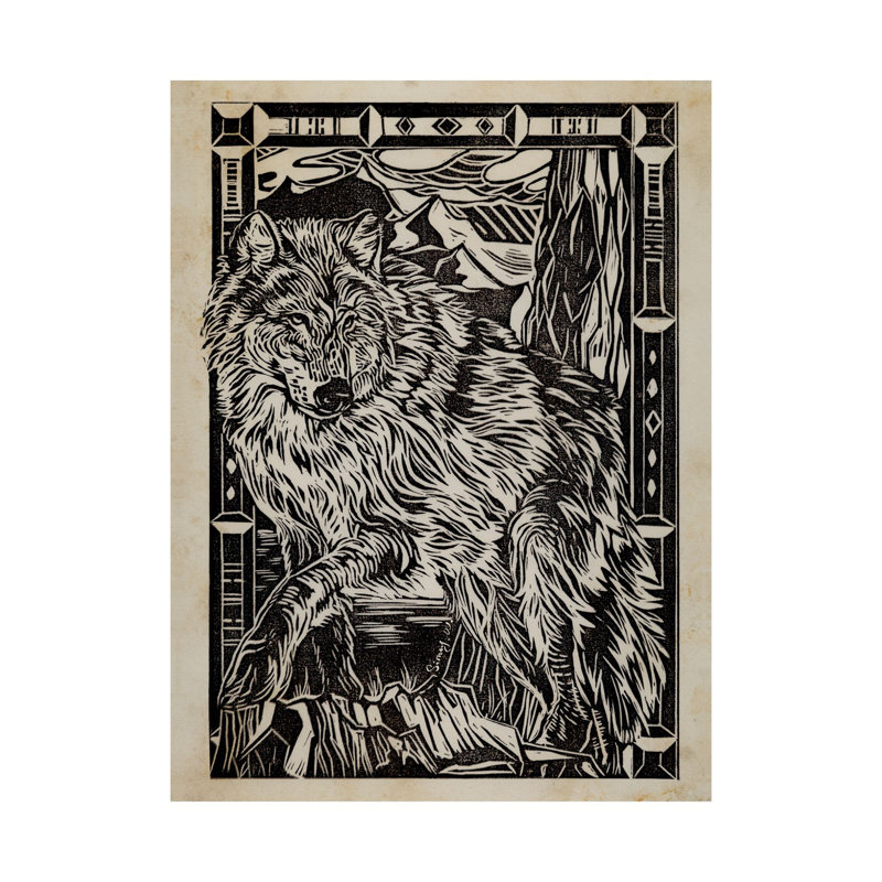 Linocut IV (loup) toile tendue à la main, H 55 po x l 40 po x P 3 po
