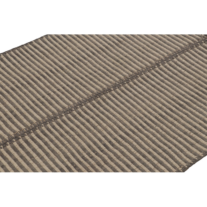 Rug & Kilim’S Accent Kilim, Square Rug In Textural Beige And Slate Gray Stripes