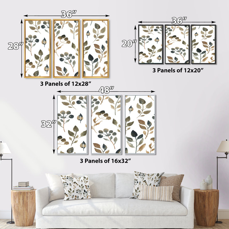 «Simple Brown Leaves On White», ensemble de 3 reproductions d'art encadrées sur toile, H 32 po x l 48 po x P 1 po