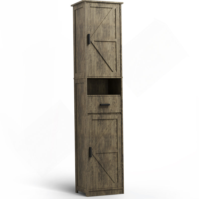 Armoire de rangement pour salle de bain avec 2 portes de grange et 1 tiroir, unité de rangement étroite, tablettes réglables