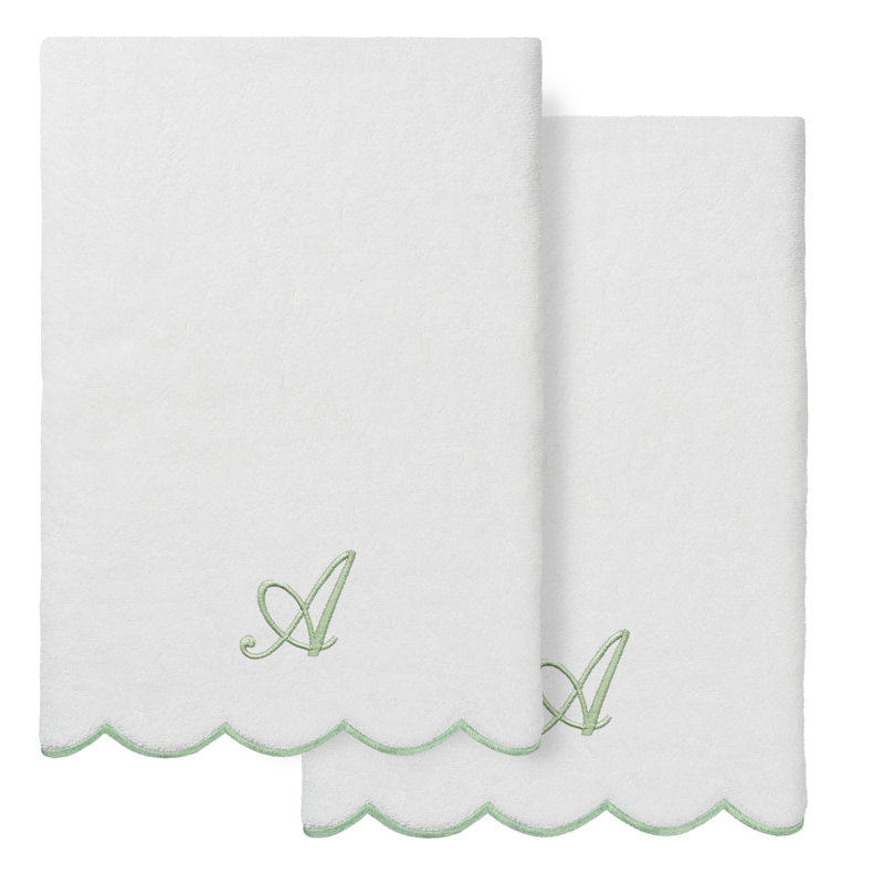 Ensemble de serviettes de bain personnalisées 100% coton turque 2 pièces Linum Home Textiles ADORNIA, A, Blanc/vert