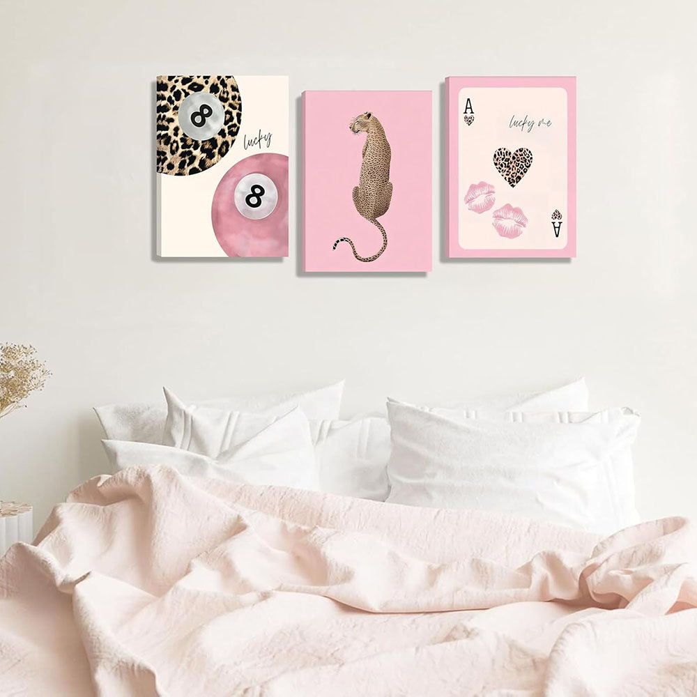 3 Pcs Trendy Pink Preppy Leopard Canvas Wall Art Lucky 8 Ball Playing Card Painting Picture Wall Decor Pink Coquette Funky Cheetah Poster Print Artwor