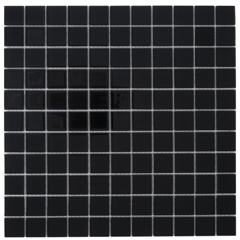 1" x 1" Polished Glass Mosaic Tile, Black