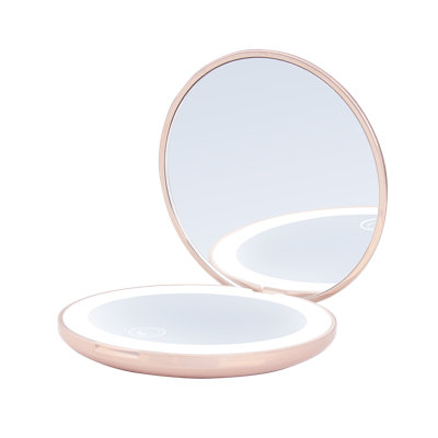 Touch Mini Pearl Compact Mirror with LED Light, Round Bifold Mirror with 2X Magnetic Glass