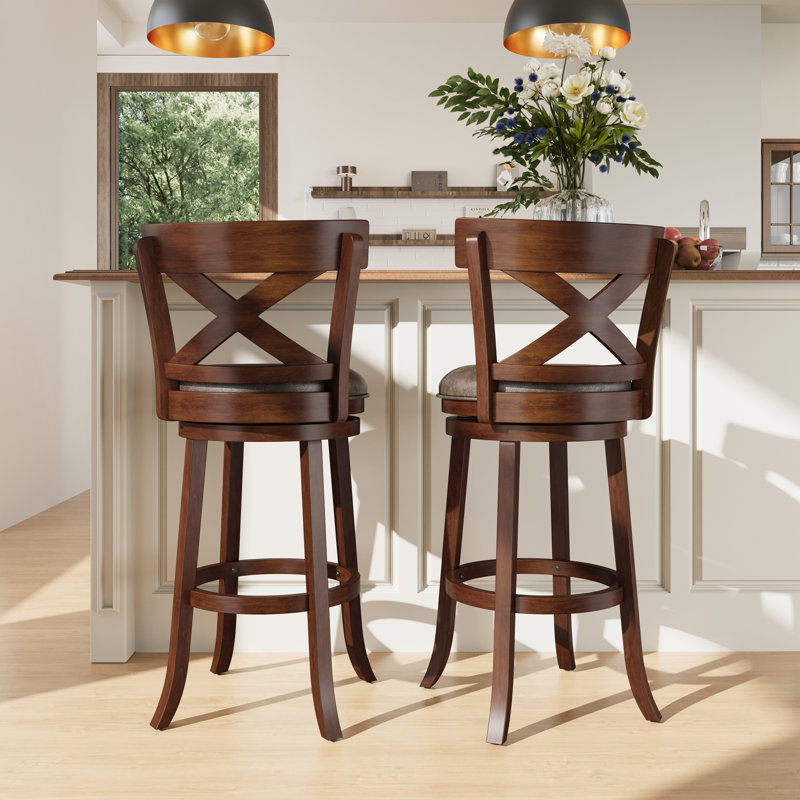  Danazia 30" Traditional Upholstered Faux Leather Swivel Bar Stool with X Back for Kitchen (Set of 2), 2, Dark Cherry/Fondant