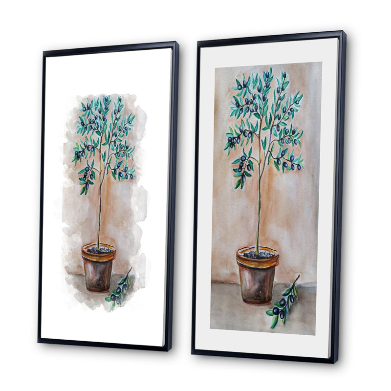 Green Olive Tree Pot - Ensemble de 2 peintures sur toiles, H 32 po x l 32 po x P 1 po, Cadre flottant noir