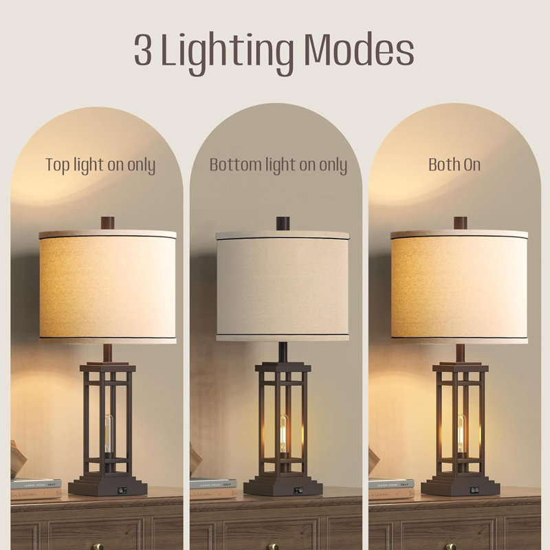 27.5" Modern Table Lamp Set of 2 with 3 Lighting Modes，Bedside Lamp with USB A+C Ports for Living Room, Bedroom, Office