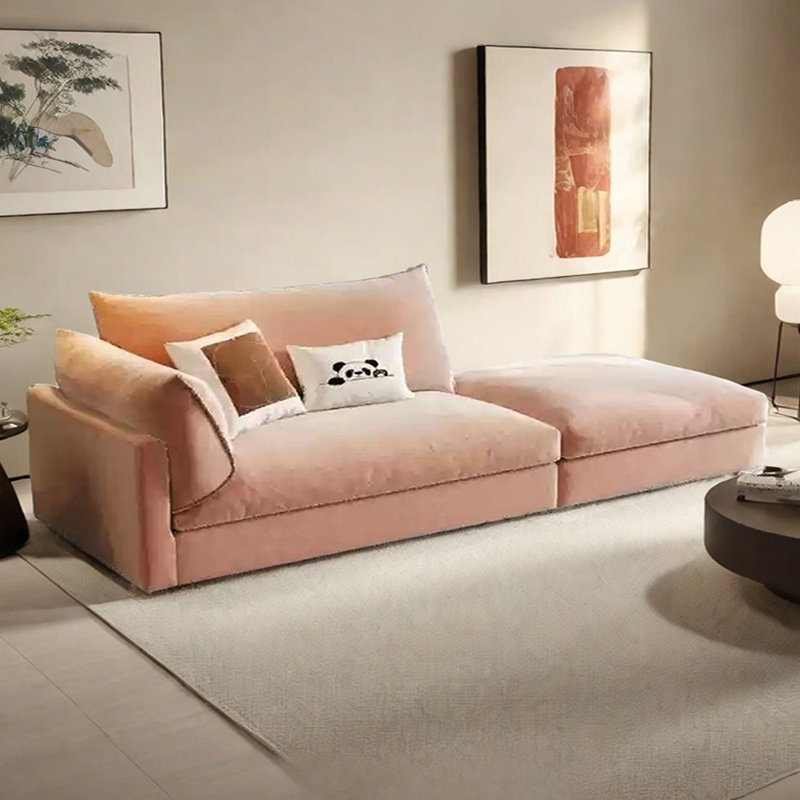 Canapé-lit en coton et lin avec repose-pieds, Rose, Orienté à gauche (vu de face)