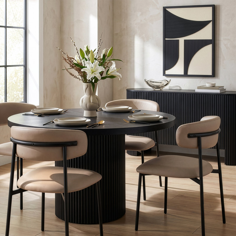 Chaise de salle à manger rembourrée Lupita, Cuir taupe végétalien, Noir mat