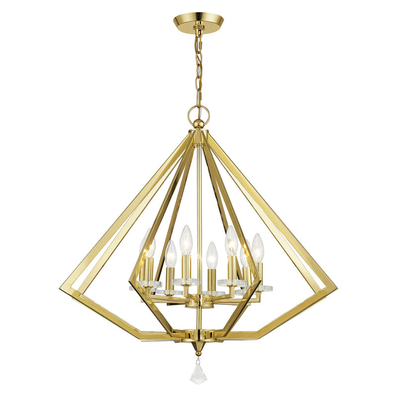 Lustre géométrique à 8 lumières de style bougie avec des accents de cristal Metzinger, Laiton poli
