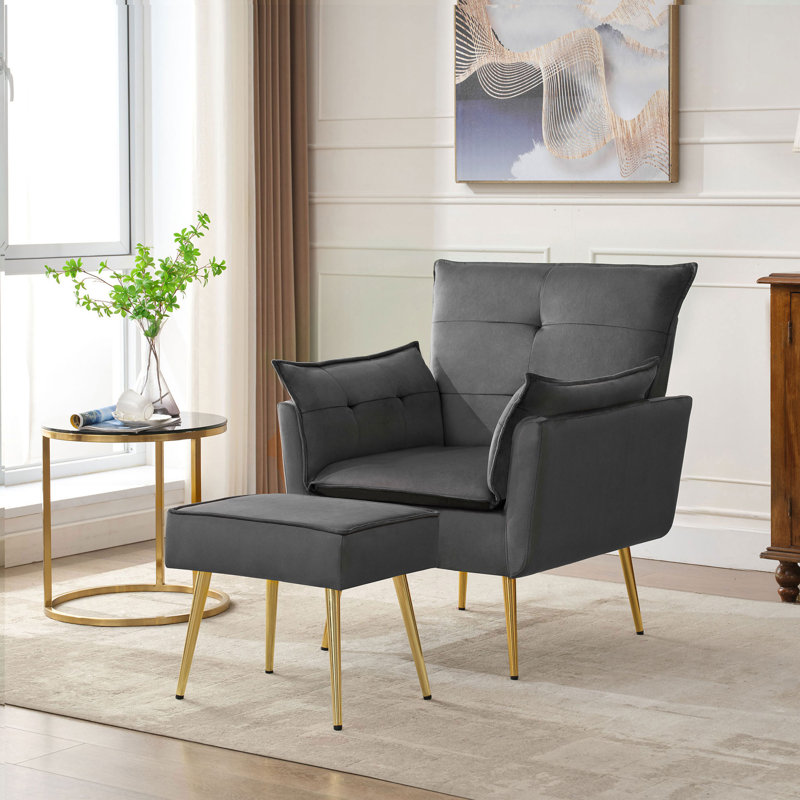 Fauteuil en velours capitonné avec repose-pieds Vaishal, Velours gris
