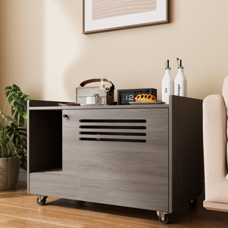 Enceinte de litière grise pour chat avec conception de mobilier, espace supérieur pour les articles pour animaux de compagnie, roues silencieuses faciles à nettoyer, ventilation intérieure à 4 grilles avec air frais, tapis intégré pour arrêter de suivre la grande enceinte,
