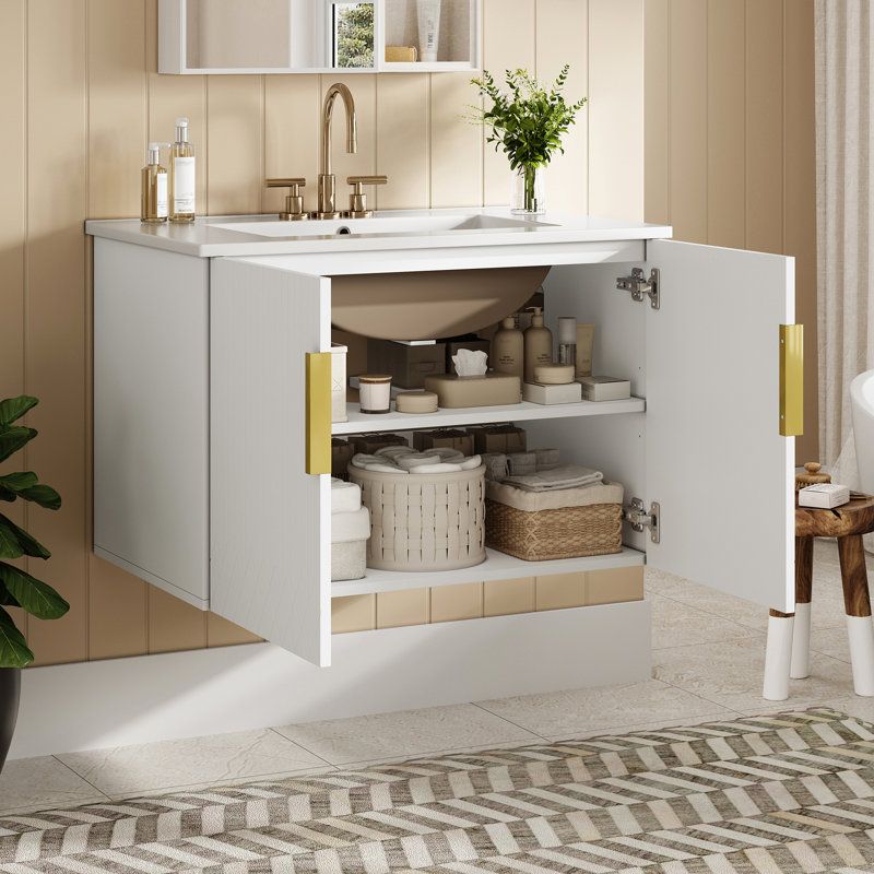 30" Bathroom Vanity With Ceramic Sink, 3 Holes, Minimalist Appearance, 2 Doors, Adjustable Storage, High - Quality Build, Easy Clean Sink Vintage Featuring Hole Wall Mounted,
