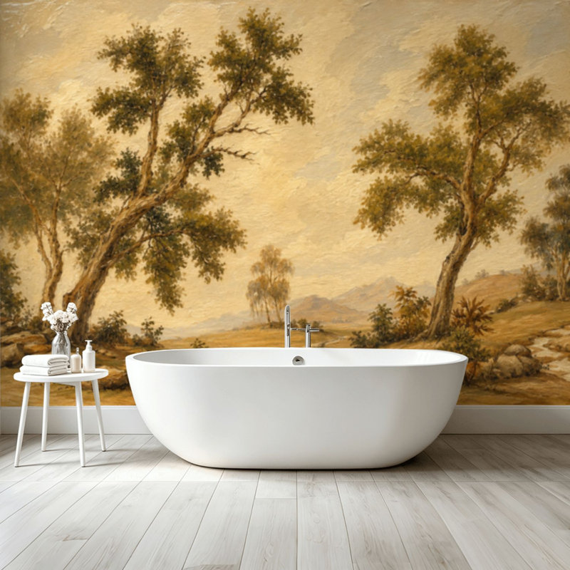 Peler et coller le papier peint, paysage rustique, arbres, journée ensoleillée, art mural de style rétro, adhésif et amovible