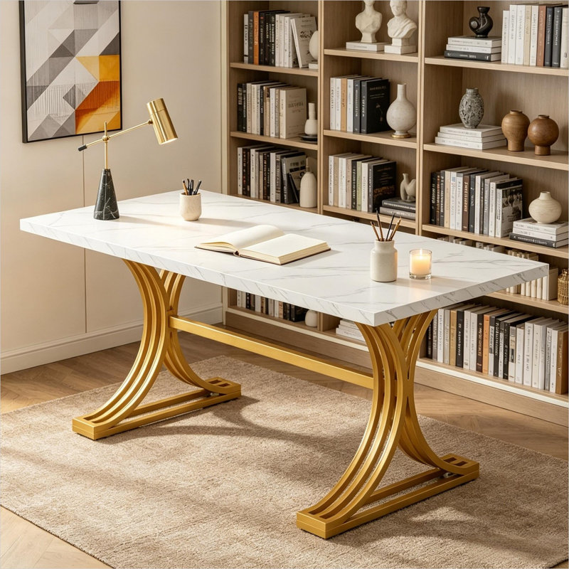 Bureau de direction en faux marbre avec pieds en fer doré, poste de travail rectangulaire de 160 cm pour bureau à domicile et espace de travail