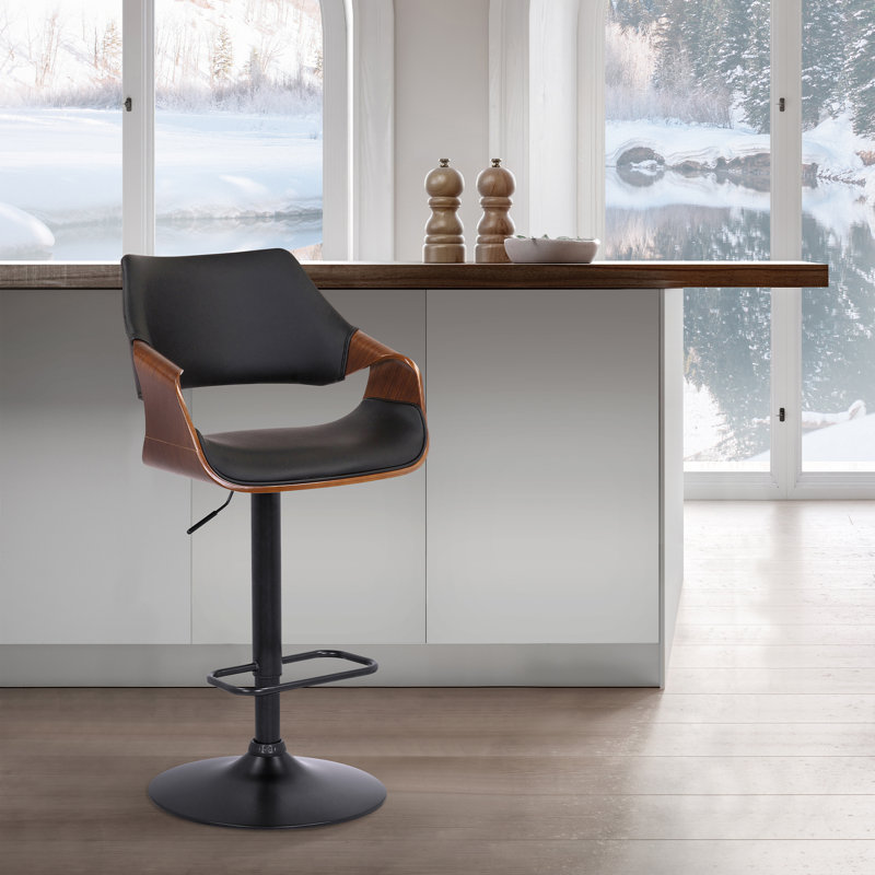 Afshar Swivel Adjustable Height Bar Stool with Pedestal Base in Faux Leather, Wood and Iron, Black Faux Leather, Black