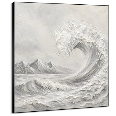 Impression sur tissu grand format - Motif de vagues océaniques et de montagnes en blanc et gris pour salon ou chambre à coucher "Assemblage du cadre requis (cadre inachevé)"