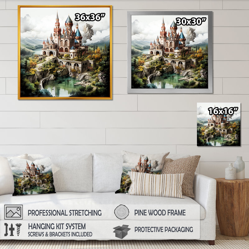 Dessin mystique d'un château I sur toile, Cadre flottant doré, H 16 po x l 16 po x P 1 po