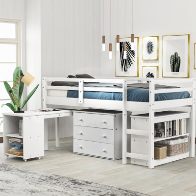 Lit mezzanine simple blanc avec armoire de rangement et bureau de travail à roulettes - blanc, résistant