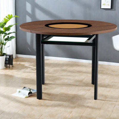 Table de salle à manger ronde moderne minimaliste de 42 po en grain de bois brun convenant à 4 à 6 personnes (incrustation de verre brun + support stable en métal, convient à de multiples cas de figure).