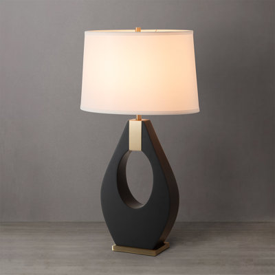 Pearson Table Lamp - Ebony Wood, Weathered Brass, White Cotton-Linen Shade