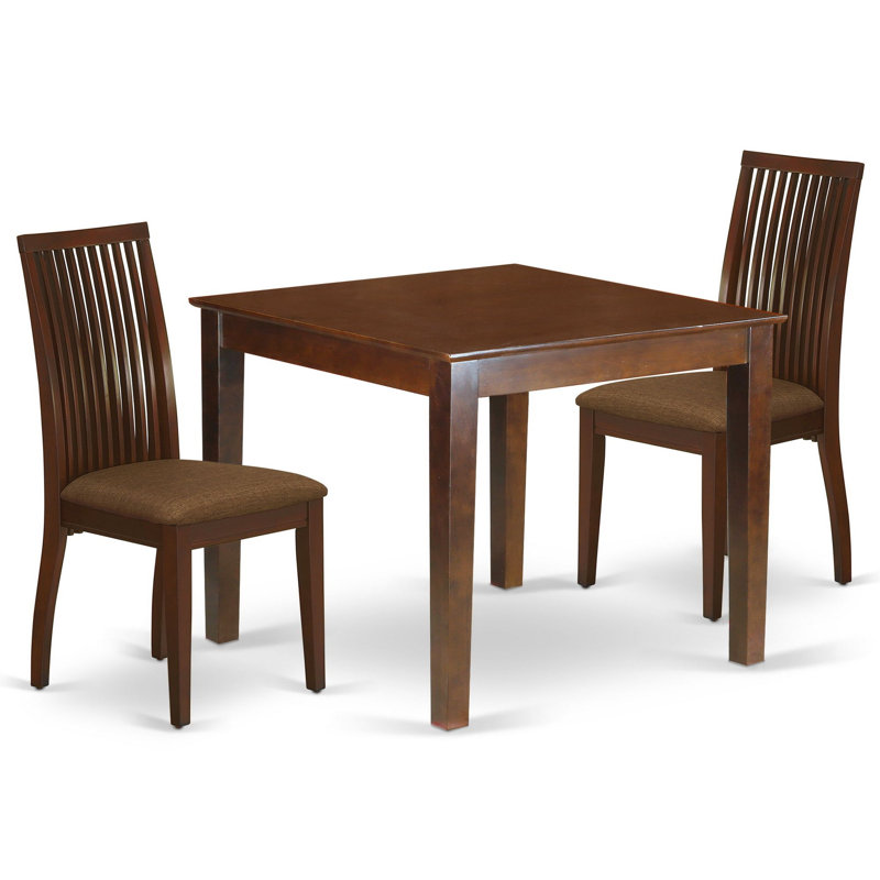 3 Piece Dining Room Table Set Contains a Square Kitchen Table and 2 Linen Fabric Dining Chairs, Mahogany, Mahogany
