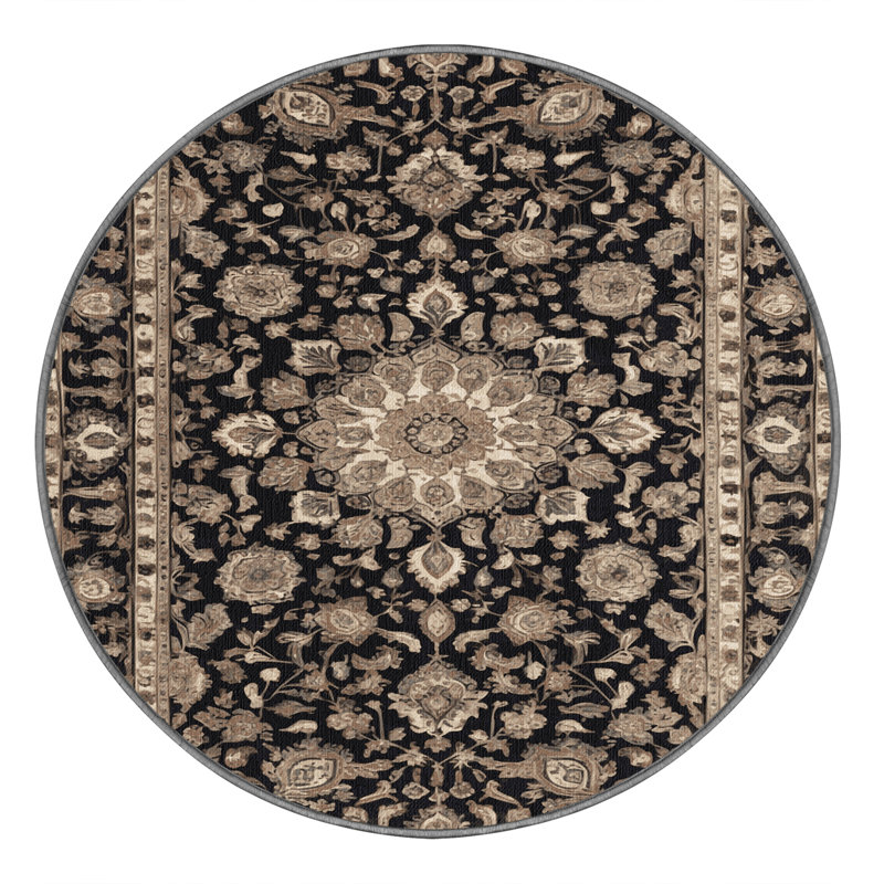 Tapis persan gris lavable à la machine, Rond 4 pi