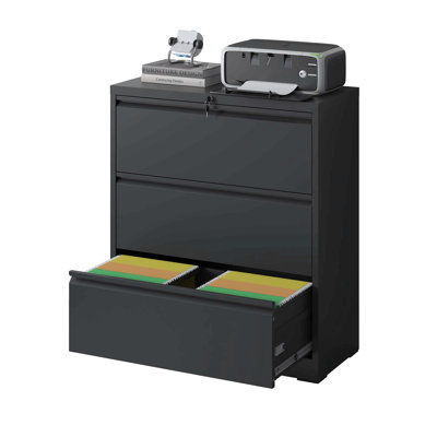 Lateral File Cabinet 3 Drawer, Black Filing Cabinet With Lock, Lockable File Cabinet For Home Office, Locking Metal File Cabinet