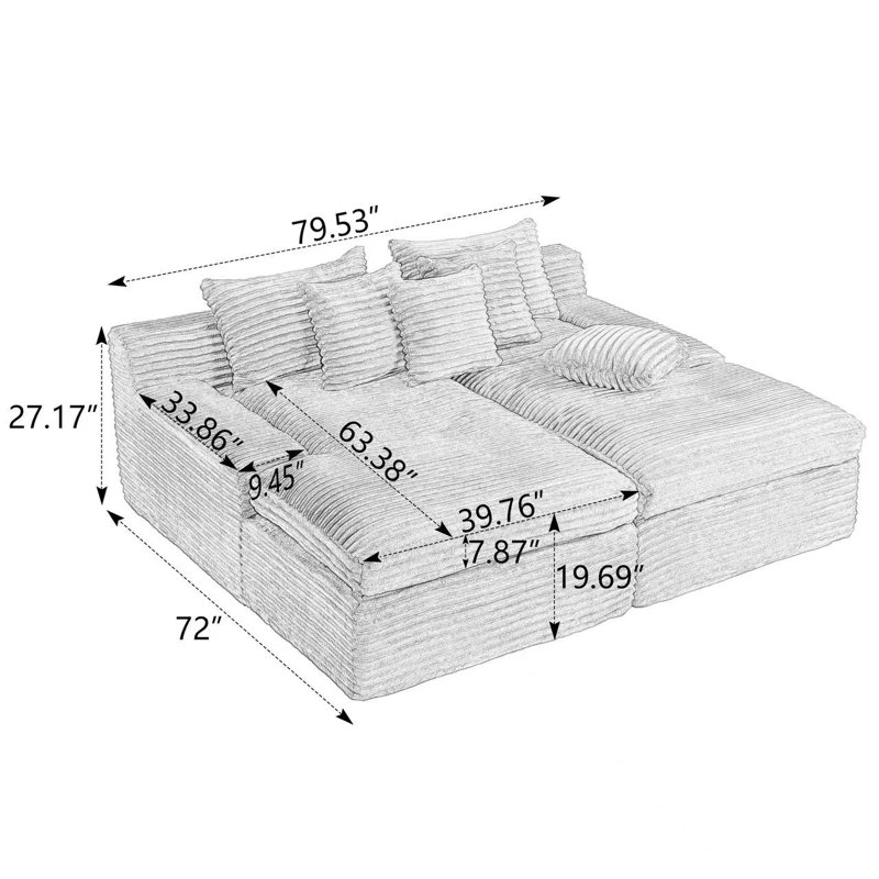 79.5" Corduroy Sleeper Sofa Compression Chaise Lounge Sofa Cloud Couch with 4 Pillows - No Assembly Required, Green, Green