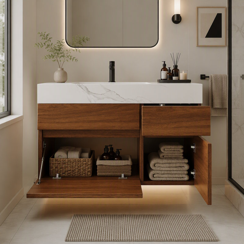 Meuble-lavabo flottant moderne de 36 po avec plateau en pierre frittée et lavabo en céramique