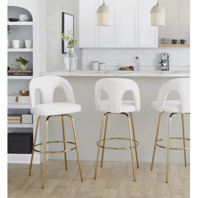 Tabouret de bar à hauteur fixe avec pivot en métal doré et tissu blanc neige avec repose-pieds rond en métal doré - ensemble de 2