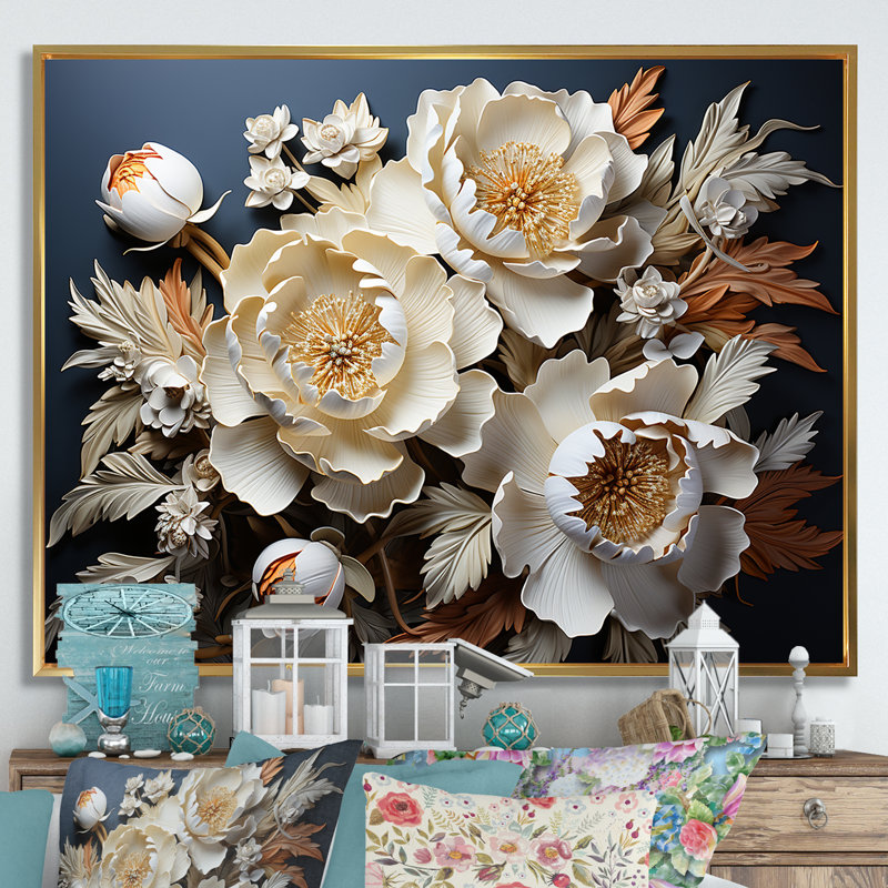Pivoines dévoilées «I Blooms I» sur toile, H 12 po x l 20 po x P 1 po, Cadre flottant doré