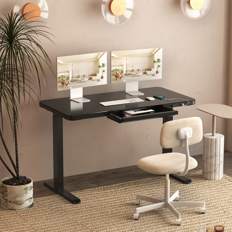 Black Glass Adjustable Height Standing Desk with Drawer and USB Ports