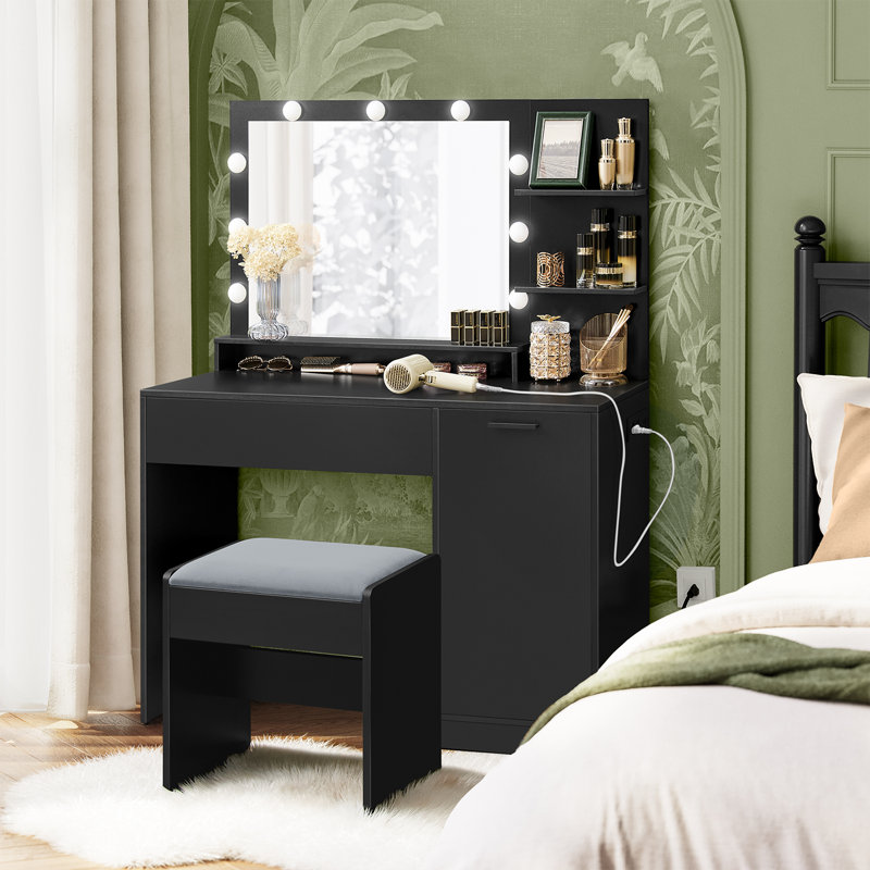 43.3" W Makeup Vanities  With Upholstered Vanity Stool, Power Outlets, Dimmable Led Lights, Black/Gray