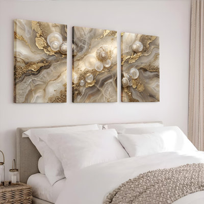 Marbre perle d'art sur toile tendue, ensemble de 3 reproductions de peinture à l'huile sur toile pour salon chambre à coucher