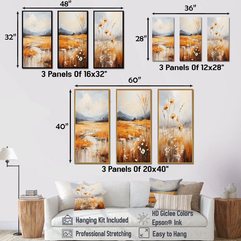 Ensemble de 3 décorations murales Infinity Fields, H 28 po x l 36 po, Cadre flottant blanc