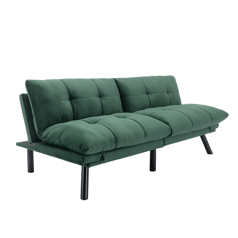 70.9" Upholstered Convertible Reclining Futon Sofa Bed with Adjustable Armrests, Green Velvet