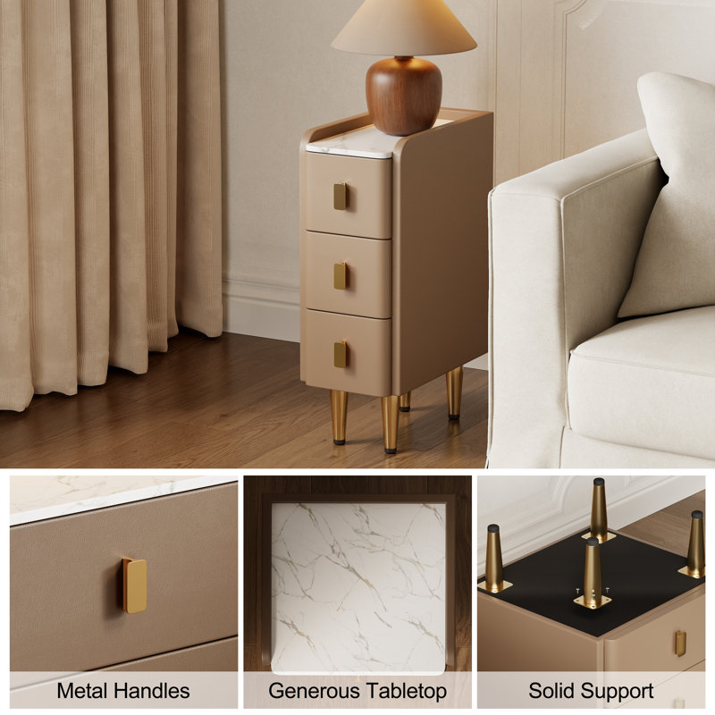 Annie Set of 2 Solid Wood Nightstands with Faux Leather and Marble Top, 3 Drawers, Khaki