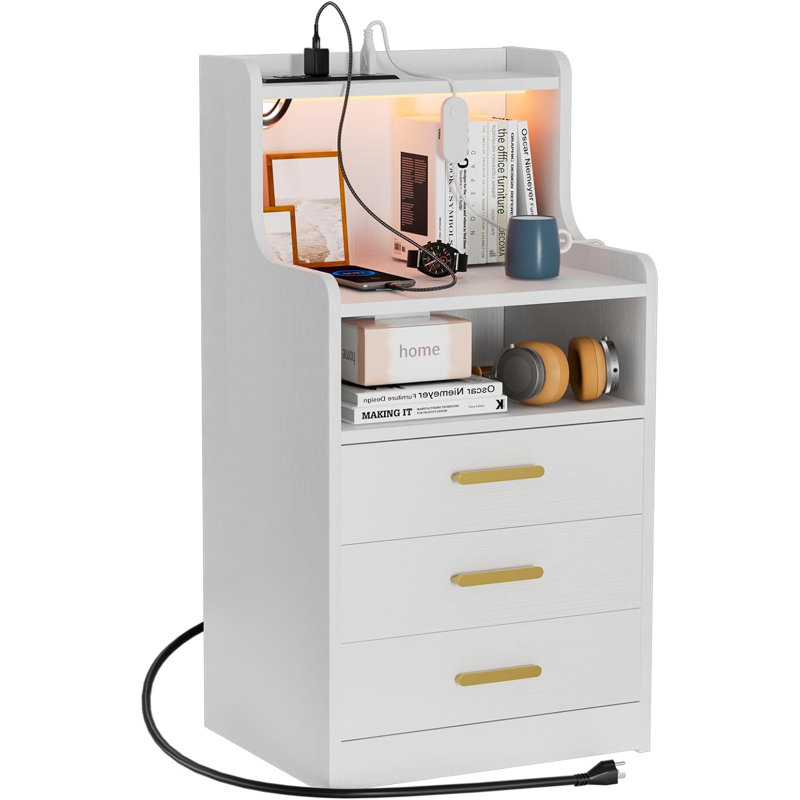 Table de chevet à DEL blanche: 3 tiroirs, tablettes hautes, charge - parfaite pour la chambre à coucher, le salon, le bureau.