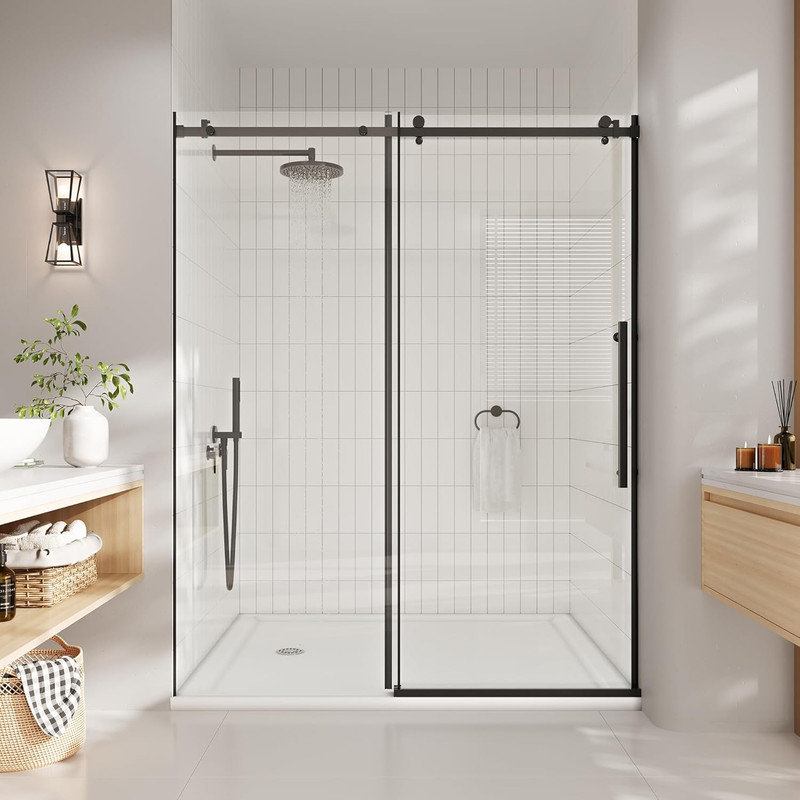 56-60" x 72" Frameless Style Sliding Glass Shower Door, 5/16" Clear Tempered Glass, Bypass Design with Matte Black Finish